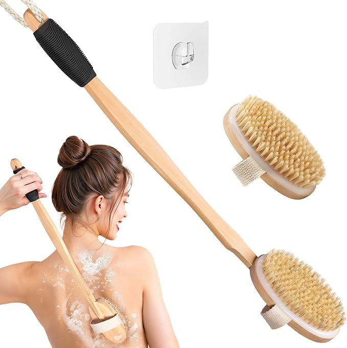 Wood Body Brush Set,20.6’’ Long Handle Bath Body Back Scrubber Soft & Stiff Bristles Detachable 2 Brush Heads Gentle Exfoliator Remove for Wet & Dry Use