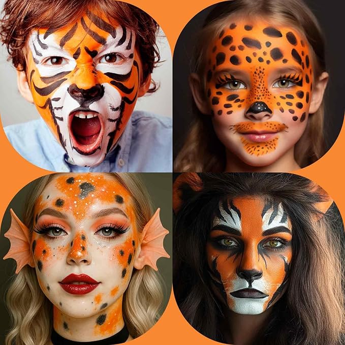 BOBISUKA Orange Face Body Paint, Water-Based Face Painting Kit & Body Paints, Kids Adults Facepaint for Halloween Pumpkin Scarecrow Fox Leopard & Tiger Makeup, Costume Cosplay Party Theater & Stage