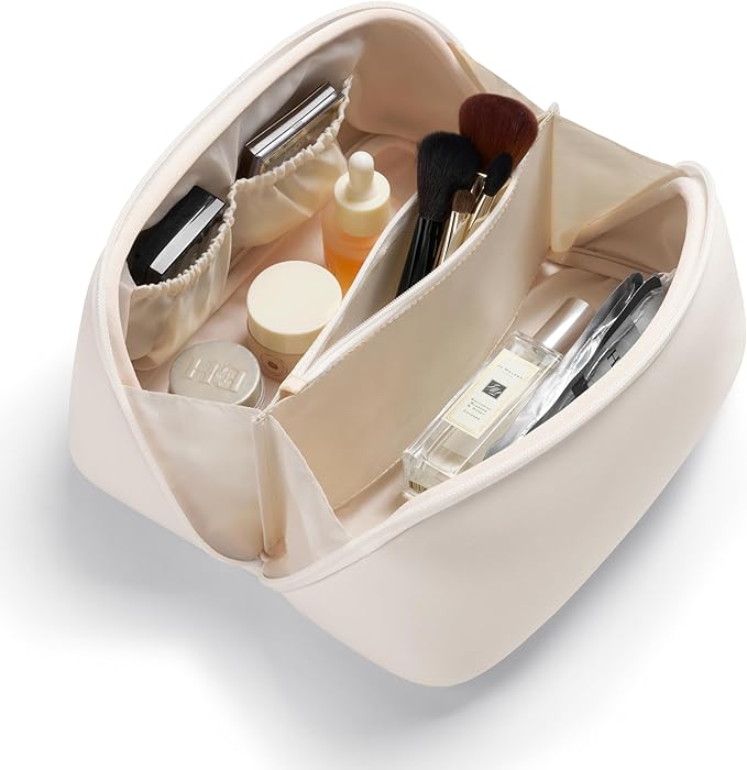 Yarnic White Neoprene Travel Makeup Bag Cosmetic Bag, Large Capacity Toiletry Bag for Women, Portable Pouch Cute Make Up Organizer with Divider and Handle