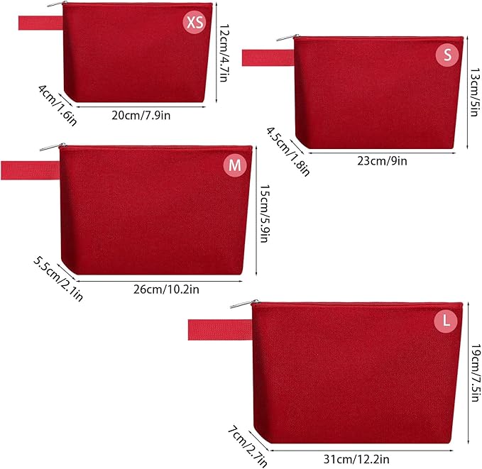 10 Pieces Cotton Canvas Makeup Bag with Bottom and Strap, Multi-Purpose Cosmetic Bag with Zipper Travel Toiletry Pouch, Blank DIY Craft Bag (Red, S)
