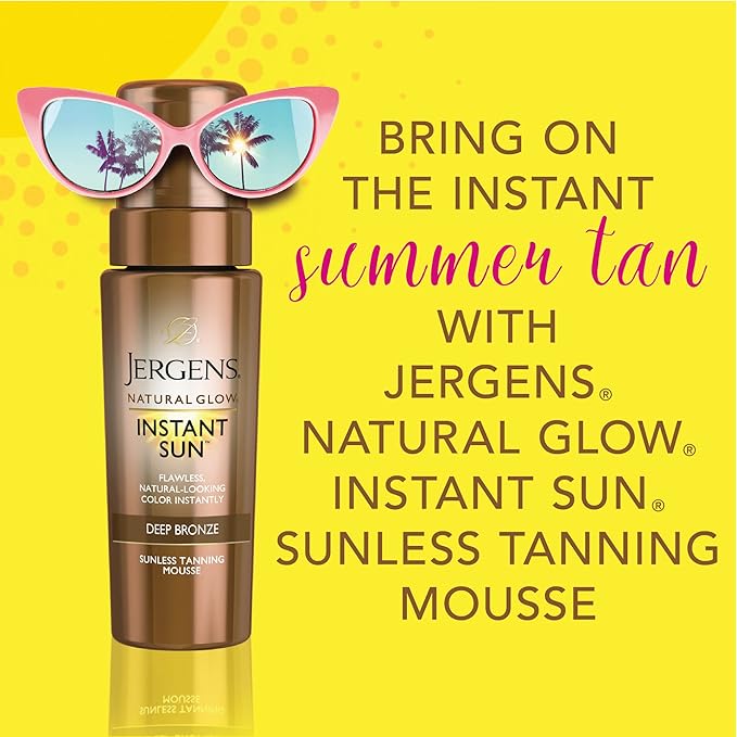 Jergens Natural Glow Instant Sun Body Mousse, Self Tanner for Deep Bronze Tan, Sunless Tanning Body Bronzer for Natural Looking Color Instantly, 6 Oz