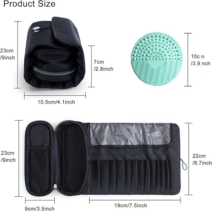 Makeup Brush Bag, Travel Makeup Brush Case Makeup Brush Holder Organizer Cosmetic Bag Portable Roll Up Brush Storage Bag for Makeup Brushes and Cosmetic Essentials (Black)