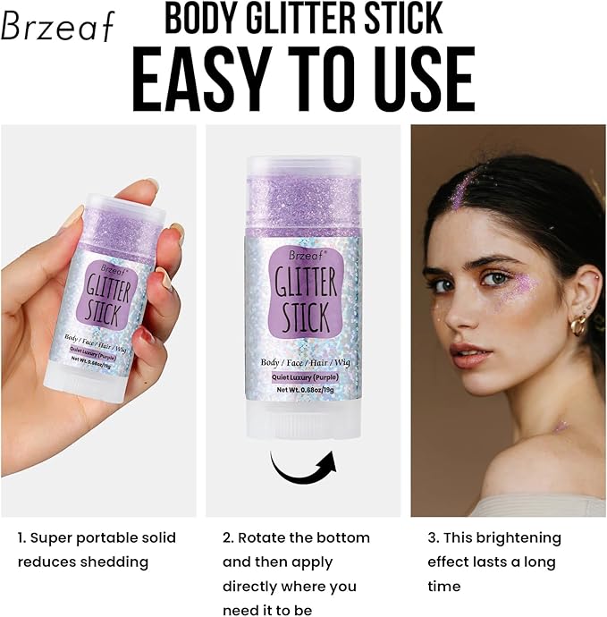 Brzeaf Waterproof Purple Glitter Stick, Shimmery&Long Lasting, Halloween Chunky Glitter for Face/Body/Hair/Eyes, Singer Concert Music Rave Festival, Glitter Stick Makeup for Women Men