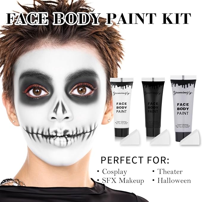 Black White Light Grey Face Body Paint 1.01 oz/pc with 3 Sponges,Water Based Face Paint Kit for Clown Joker Devil Vampire Skeleton Cosplay Makeup,Halloween SFX Makeup Cream Body Paint,3.03 oz