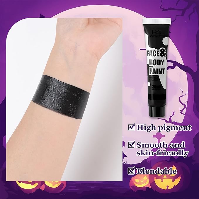 Black Face Body Paint - Professional Water-Based Non-Toxic Body Painting for Zombie Vampire Halloween SFX Cosplay, Full Coverage Washable Cream for Costume Party Theater Stage Performance