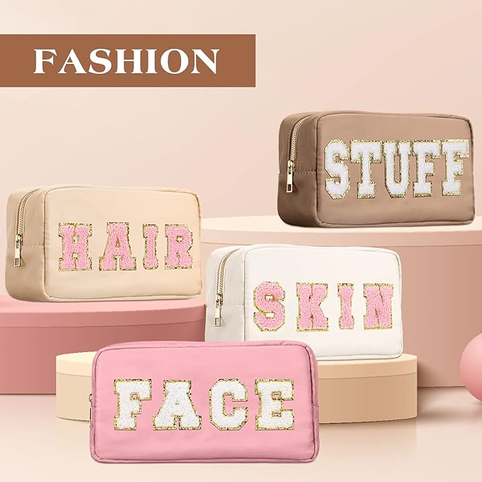 Cunno 4 Pcs Preppy Makeup Bags Chenille Letter Stuff Bag Nylon Cosmetic Pouch Cases with Zipper for Women Travel Toiletry