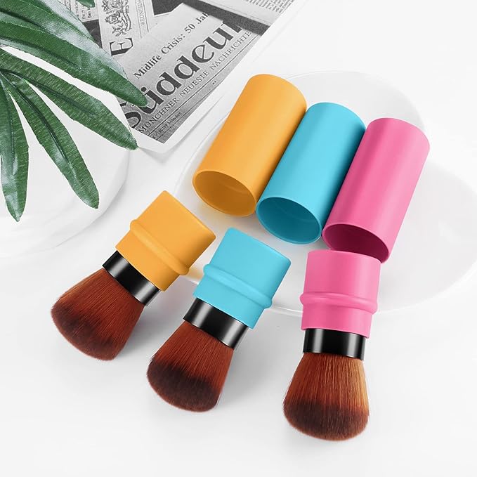 Vtrem Retractable Kabuki Brushes Travel Face Blush Brush Makeup Brush Portable Small Soft Powder Brush with Cover for Blush, Bronzer, Buffing, Flawless Powder, Cosmetics Tool, Blue/Red/Yellow