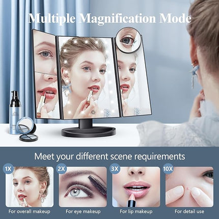 HUONUL Makeup Mirror, Vanity Mirror with Lights, 2X/3X/10X Magnification, Touch Control, Trifold, Dual Power Supply, Valentines Day Gifts for Her,Gifts for Women, Wife, Mom, Girls,Dorm Room Essentials