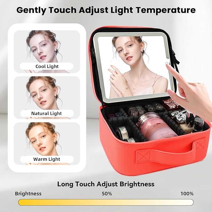 Travel Makeup Bag with LED Mirror and Light Travel Makeup Case Cosmetic Organizer Portable Cosmetic Brush Organizer Bag with Adjustable Dividers for Cosmetics Makeup Brushes Toiletry (Red)