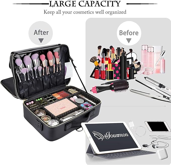 JOURMON Travel Makeup Case 3 Layers Portable Makeup Train Case Cosmetic Bag Organizer Storage for Women with Adjustable Dividers and Shoulder Strap for Toiletry Travel Accessories(Black, L)