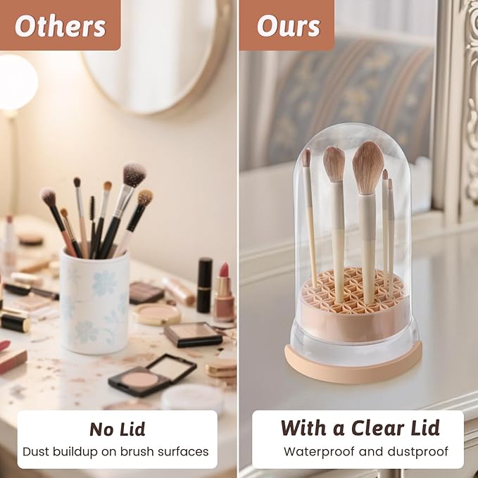 Makeup Brush Cleaner Bowl, 3 in 1 Makeup Brush Cleaner Mat and Dryer, Waterproof Makeup Brush and Sponge Cleaner with Lid (Khaki)