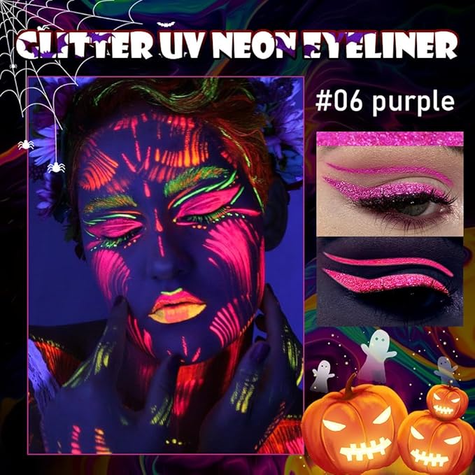 evpct Purple Shimmer Eyeliner UV Neon Gel Eyeliner Pencil Makeup, Rainbow Halloween Colored Colorful Gel Eye Liner Pen Glow in Dark Makeup, Long Lasting Waterproof Eyeliners for Face Body Painting
