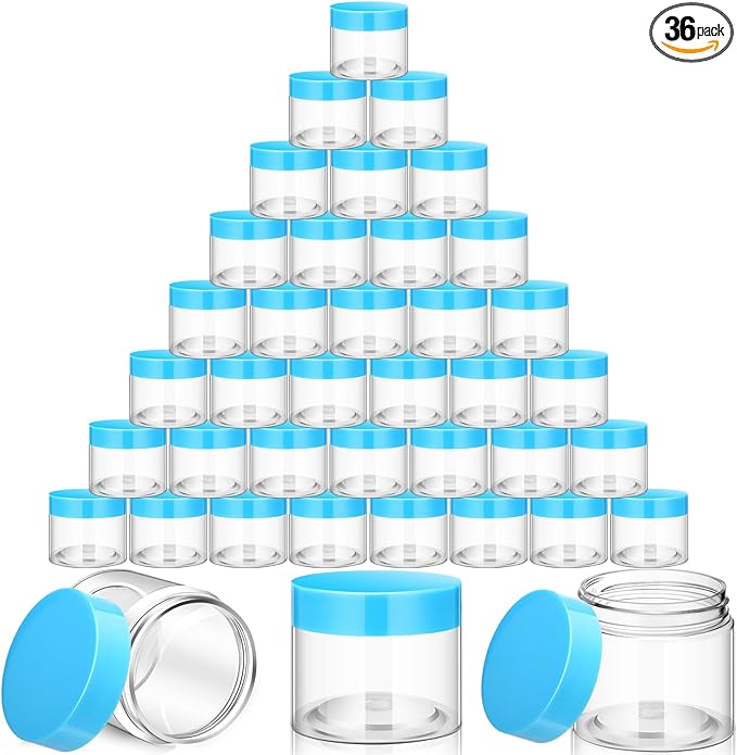 SATINIOR 36 Pieces 2 oz Plastic Jars with Lids Wide Mouth Airtight Reusable Container Acrylic Cosmetic Small Jars for Lotions Ointments Travel Toiletries Creams Make up Storage(Blue)