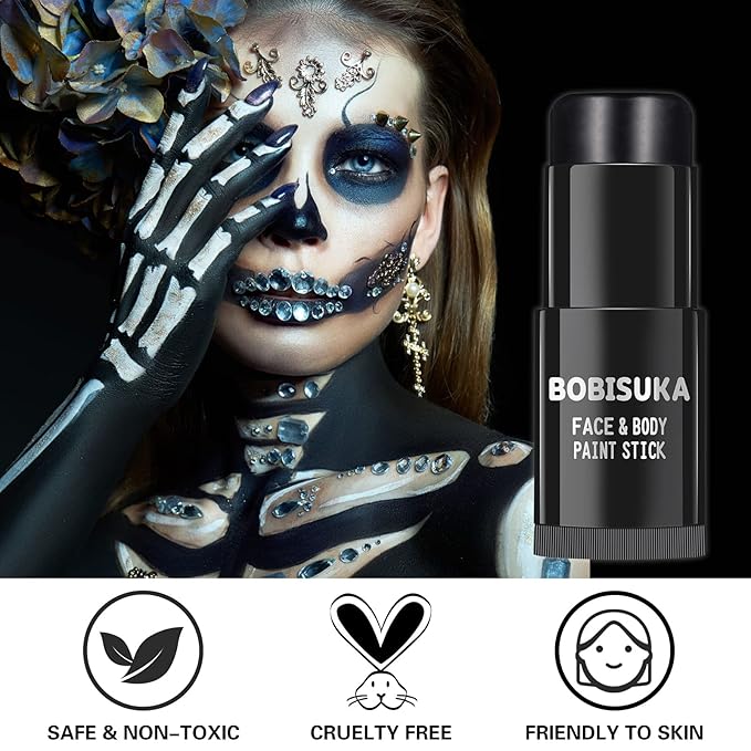 BOBISUKA Black Face Body Paint Stick, Eye Black Sticks for Sports Baseball Softball Football, Waterproof Eyeblack Painting Kit for Halloween Skeleton Skull SFX Cosplay Special Effects Costume Makeup