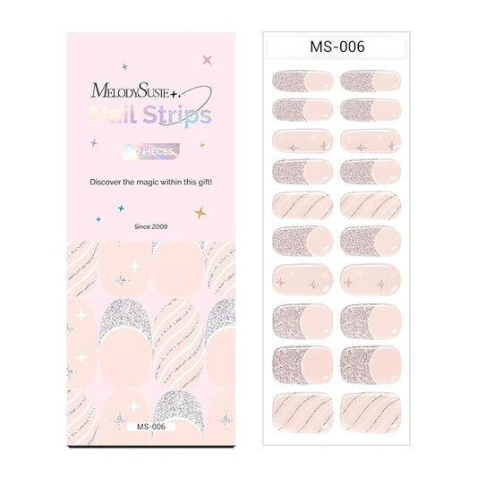 MelodySusie Semi Cured Gel Nail Strips (Glitter French Tips), Works with Nail Lamp, Salon Quality, Long Lasting, Easy to Apply and Remove, Includes 20Pcs, 2 Prep Pads, Nail File and Wooden Stick