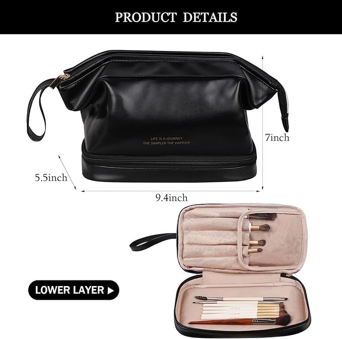 Abiudeng Large Capacity Makeup Bag Ladies Cosmetic Bag Travel Bag with Compartments Portable PU Leather Travel Makeup Bag with Handle