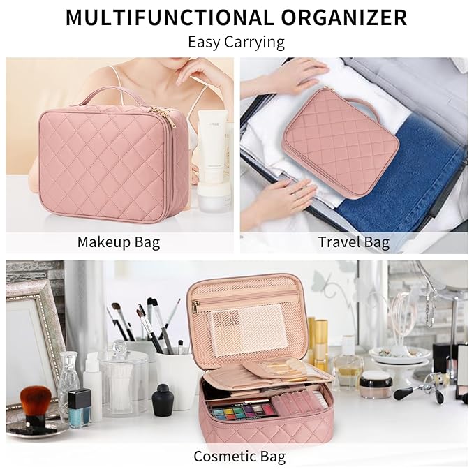OCHEAL Makeup Bag, Cute Makeup Organizer Bag Make up Bag for Toiletry Cosmetics Accessories with Divider and Brushes Compartments, Makeup Travel Case Cosmetic Bags Women Girls -Nude Pink