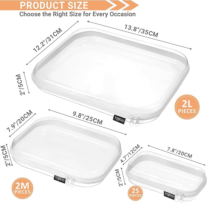 6 Pack Clear Hard Shell Zipper Case (2 Small, 2 Medium, 2 Large), See-Through Hard Plastic Organizer Pouches with Zipper for Travel, Toiletries, Makeup, Electronics & Pencils - Crush-Resistant Storage