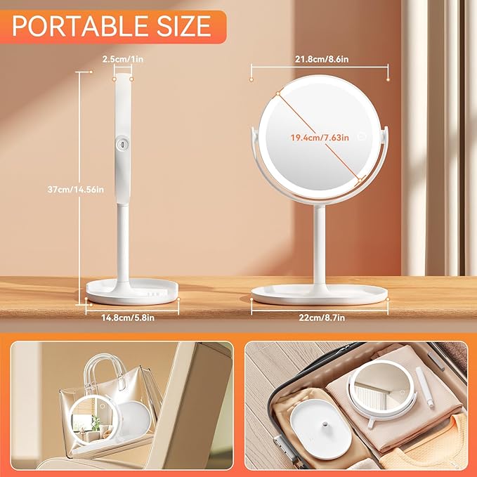 Makeup Mirror with Lights, Double Sided 30X/1X Magnifying Mirror with Light, 3 Color Stepless Dimmable with Touch Screen, Rechargeable 360° Free Standing Vanity Mirrors for Bathroom, Bedroom
