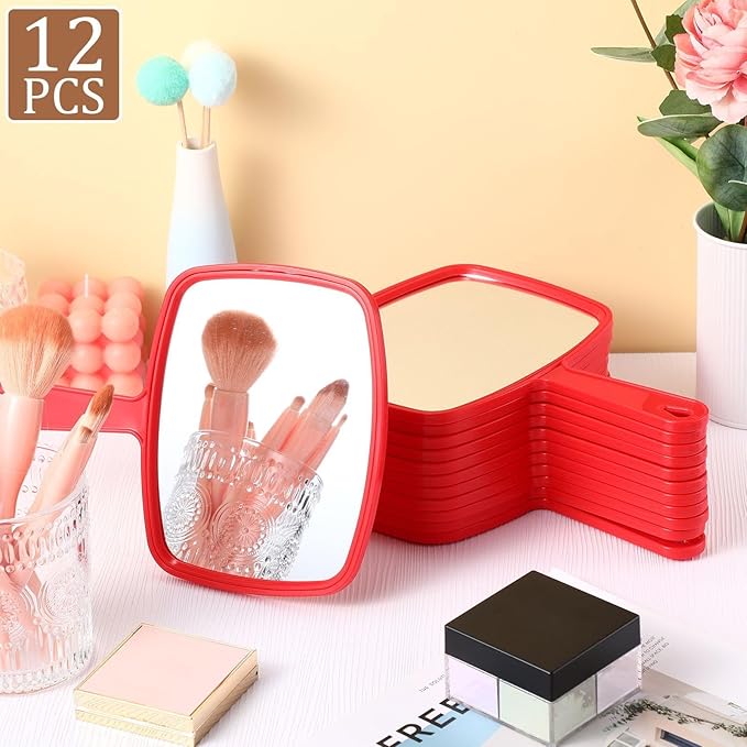 Geetery 12 Pcs Hand Held Mirrors with Handles Hand Makeup Mirrors Bulk Wall Mount for Women Cosmetic Bathroom Home Barber Salon Travel Portable Beauty School Gift, 6.69 x 9.45 Inch (Red)