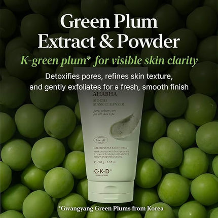 CKD Green Plum AHA·BHA Clay Mask Cleanser - All in One, Korean Face Wash + Makeup Remover + Gentle Scrub with Controls Sebum, Tightens Pores, Removes Blackheads. All Skin Types. 4.58 oz