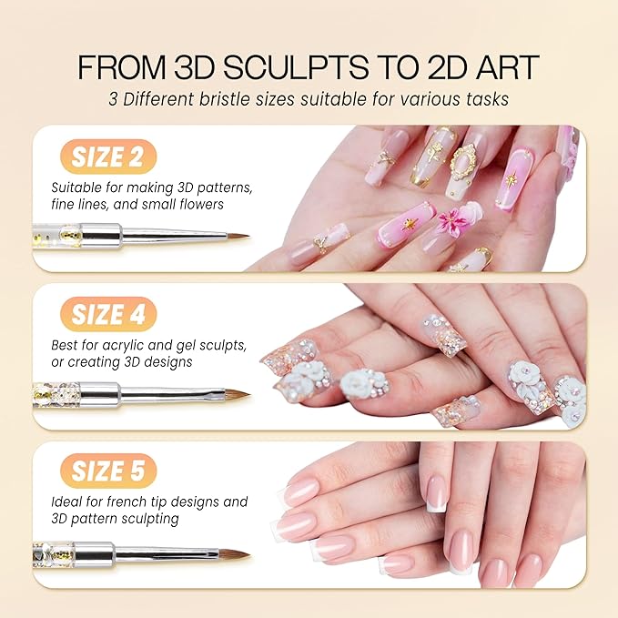 PANA Kolinsky 3D Acrylic Nail Brushes with Liquid Glitter Handle - For Professional Acrylic Powder Liquid Manicure Pedicure (Gold Color, Size #5)