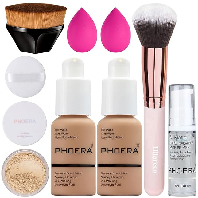 PHOERA Foundation, Full Coverage Foundation, PHOERA Primer, PHOERA Powder, PHOERA Makeup Set, Kabuki Makeup Brushes Foundation Brush Powder Brush,2 Pcs Makeup Sponge (2 PCS 105- Sand)
