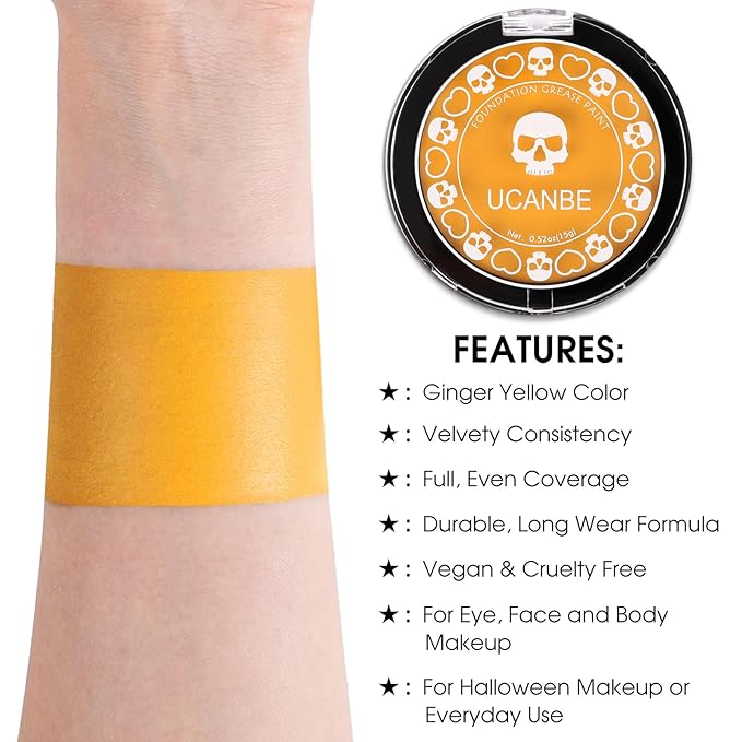 UCANBE Yellow Face Body Paint Makeup Foundation, Professional Cream Greasepaint for Kids & Adults, Non-Toxic SFX Makeup Facepaint Kit for Halloween Parties, Minions Emoji Lion Tiger Costume & Cosplay