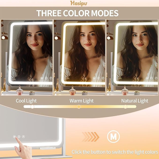Hasipu Extra Large LED Vanity Mirror 30"x21" - Light up Makeup Mirror with 10X Magnification, Phone Holder, USB Charging & Smart Touch 3-Color Lighting (White)