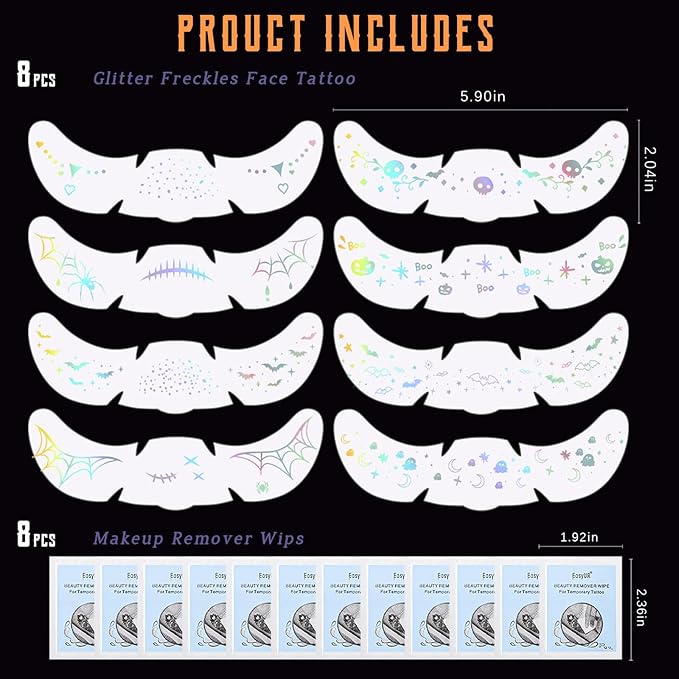 8pcs Holographic Silver Halloween Glitter Freckles Face Tattoo, Waterproof Long Lasting Multicolor Speckles Patches for Women Kids, Cute Temporary Tattoo Makeup Accessories for Festival Rave