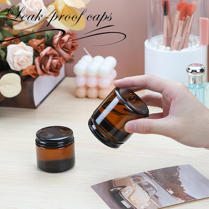 2oz Empty Amber Glass Jars with Lids 24 Pack Cosmetic Containers with Lids for Travel Lotion Cream Candle