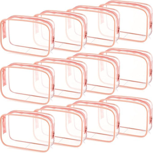 Weewooday 12 Pieces Clear Makeup Bags Cosmetic Storage Bags PVC Zipper Pouches Travel Waterproof Makeup Plastic Case for Women Organizing Toiletries Traveling Bathroom(Medium,Pink)