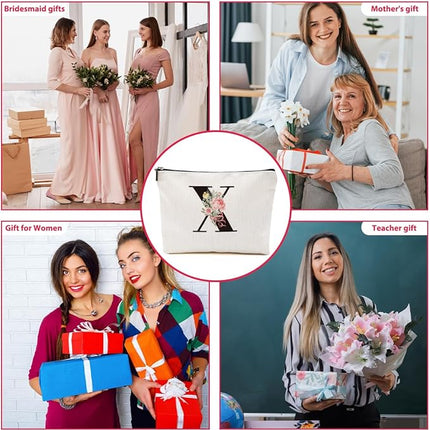 Personalized Makeup Bag, Initial Letter X Makeup Bag for Women Rose Monogram Cosmetic Bags Toiletry Pouch, Monogrammed Gifts for Women Mom Grandma Sister Friends Thanksgiving Christmas Birthday Gift