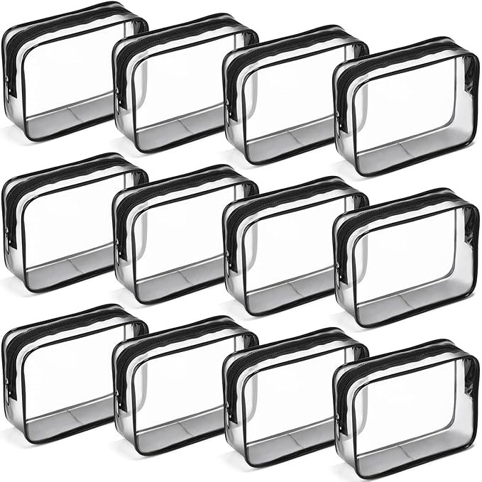 Weewooday 12 Pieces Clear Makeup Bags Cosmetic Storage Bags PVC Zipper Pouches Travel Waterproof Makeup Plastic Case for Women Organizing Toiletries Traveling Bathroom(Medium,Dark Black)