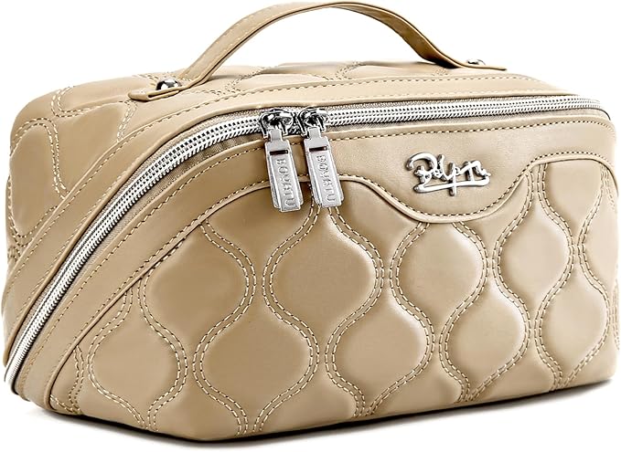 Travel Makeup Bags for Women Cosmetic Bag: Puffy Make up Bags Set of 3 - Vegan Leather Makeup Organizer - Waterproof Large Toiletry Bag with Compartments - Travel Essentials (Khaki)