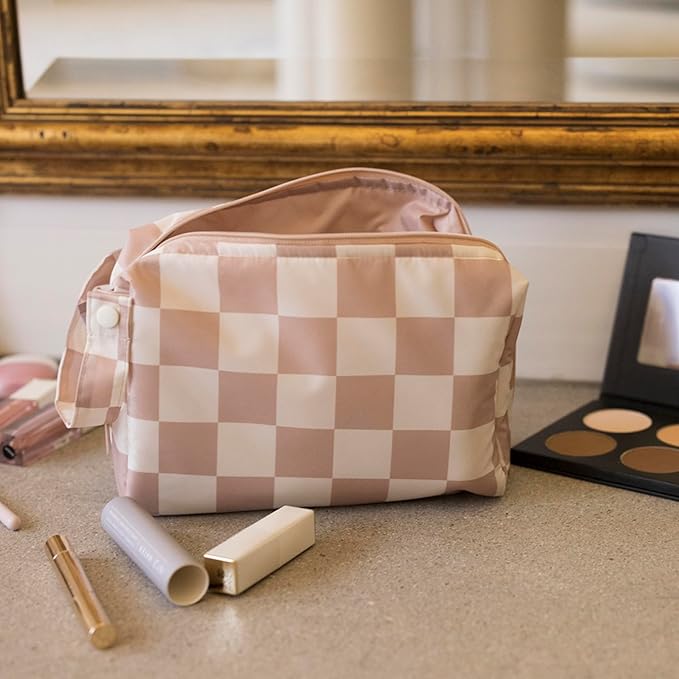 Tiny Twinkle Travel Waterproof Makeup Bag | Travel-Friendly Cosmetic Organizer with Convenient Carry Handle | Spacious Interior, and Secure Zipper Closure (Beige Checkers)