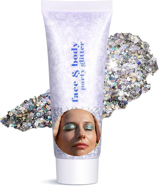 Body Glitter Gel - Sparkly Chunky Glitter Hair for Kids Women, Iridescent Glitter Freckles, Halloween Christmas Singer Concert Festival Rave Accessories (Silver Body Glitter)