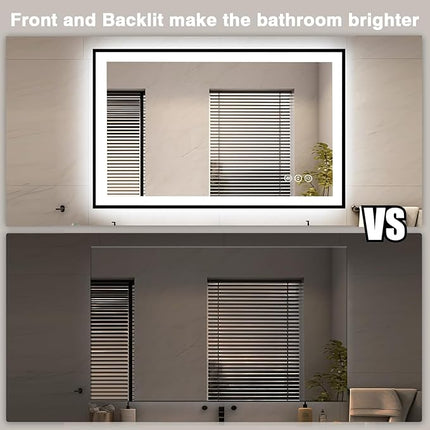 48x32 LED Bathroom Mirrors for Wall -Black Aluminum Framed (Front and Backlit), Anti-Fog Vanity Mirror With Lights,Stepless Dimmable Lighted Mirror,3 Colors Smart Mirror(Horizontal/Vertical)