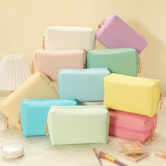 Cunno 50 Pcs Makeup Bag Bulk PU Leather DIY Cosmetic Plain Preppy Makeup Pouch Portable Waterproof Toiletry Bags for Women Travel Pencil Case Cosmetic Organizer (Multicolor)