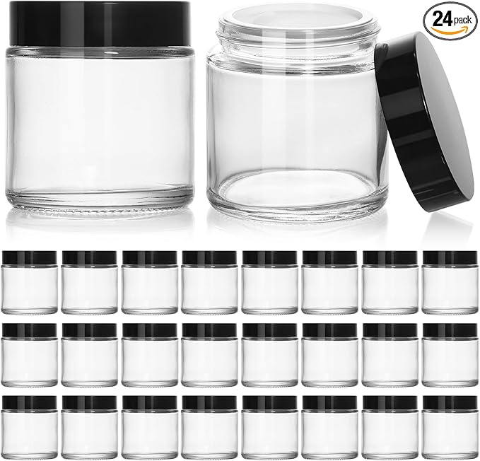 KEYWING 4oz Small Glass Jars, 24 Pack Round Clear Glass Jars with Black Lid Empty Cosmetic Containers with Inner Liners for Lotions, Powders, Cream and Ointments