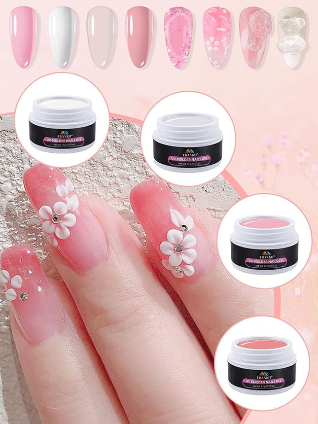EBANKU Solid Builder Gel Kit, Builder Gel for Nails 4 Colors Clear White Nude Pink for Nail Art Strengthen Nail Extension Kit for Beginners Home DIY, 4 * 15g