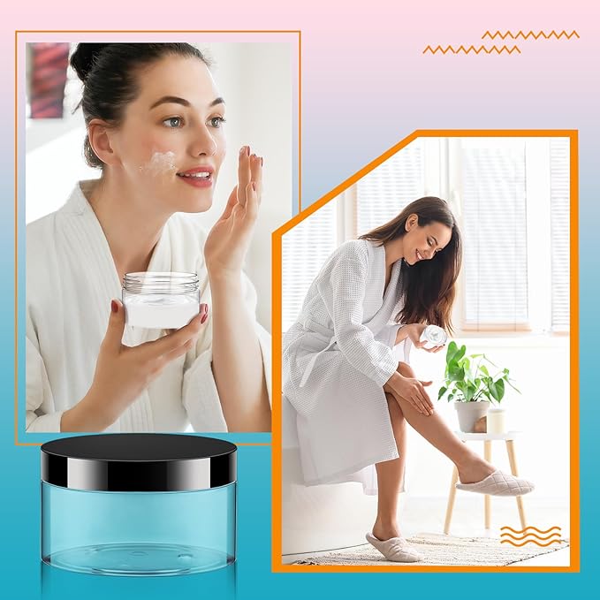 Uiifan 48 Pcs 8 oz Plastic Jars with Lids &labels, Empty Refillable Cosmetic Leak Proof Containers for Cream Body Butters Powder Ointment Lip Scrub(Clear with Black Lids)