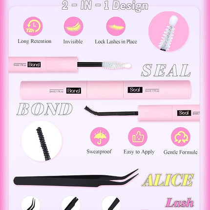 ALICE Manga Lash Clusters Kit Clear Band Natural Lash Extensions Kit 5-14mm Wispy Cluster Eyelash Extension Kit DIY Invisible Band Individual Cluster Lashes with Spiky Bottom Lashes Bond and Seal