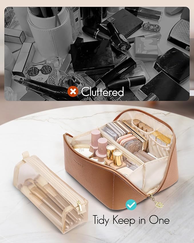 Vlando Travel Makeup Bag,Brown Leather Make up Bag,Portable Toiletry Bag with Divider and Handle,Gifts for Women (Brown)