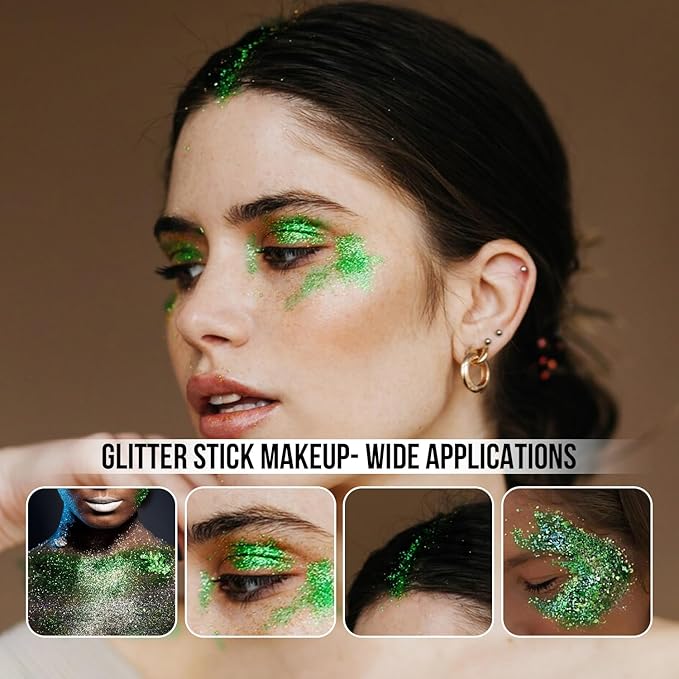 Brzeaf Waterproof Green Body Glitter Stick, Halloween Chunky Glitter for Face/Body/Hair/Eyes/Lip, Singer Concert Music Rave Festival, Glitter Stick Makeup & Face Glitter Gel for Women Men 0.56 OZ