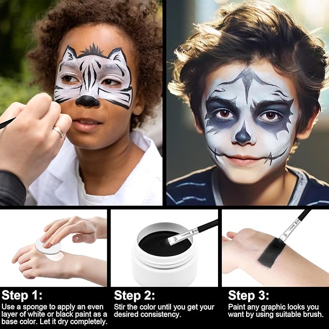 3-Piece Black White Face Paint Set (2 White, 1 Black) - 1.76 oz Each, Includes Sponge and Brushes, Professional SFX Makeup Kit for Halloween, Skeleton, Ghost, Skull Cosplay, Full Coverage Body Paints