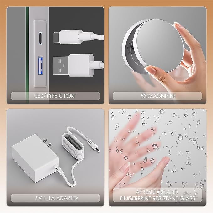 Hasipu Vanity Mirror with Lights and Bluetooth Speaker, 40" x 29" Hollywood Makeup Mirror with 21 Dimmable Bulbs and 10X Magnification, 3 Colors Modes, USB Charging Port, Type-C (White)