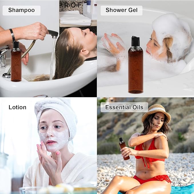 6 Pack 8 oz Amber Plastic Squeeze Bottles with Black Disc Caps Refillable Empty Travel Containers Bottles for Shampoo Conditioner Toiletries Lotions Oils BPA Free