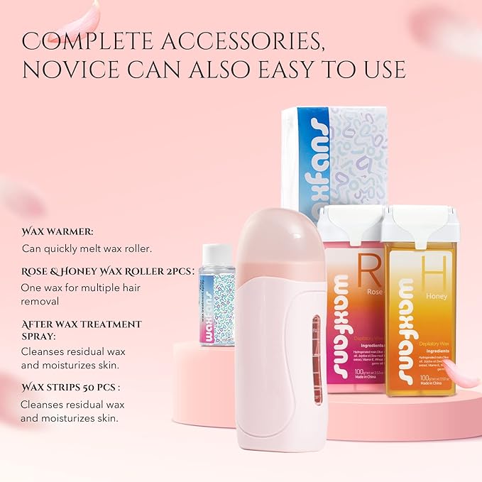 Roll-on Waxing Kit for Hair Removal - At-Home Wax Warmer, Easy Rolling Applicator for Women, Honey & Rose Fragrance