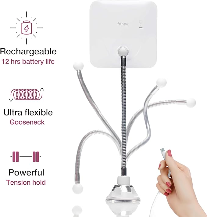 Fancii 10x Flexible Magnifying Mirror with 3 LED Light Settings, Rechargeable - Gooseneck Lighted Makeup Mirror for Bathroom, Locking Suction Mount, Cordless, 360° Rotatable (Mira 2 Plus)